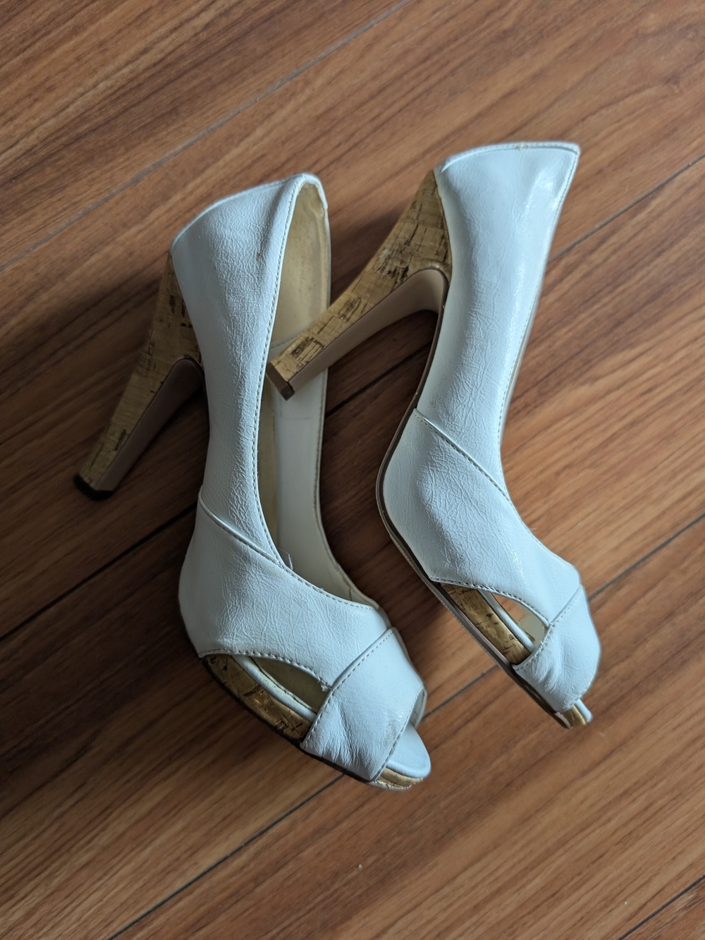 White Peep Toe High Heels with Cork Heel